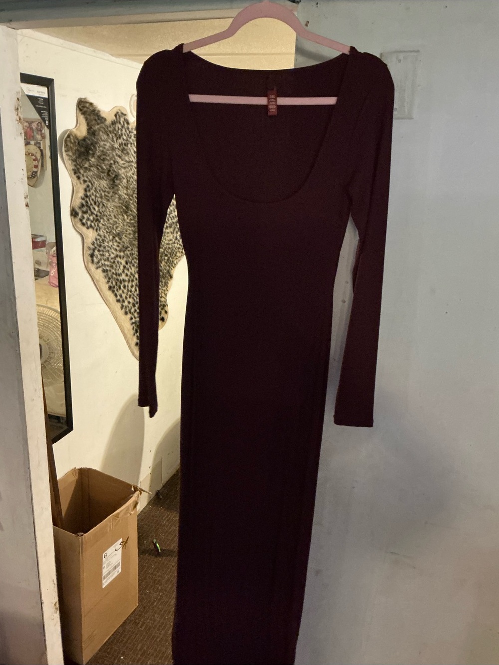 SKIMS Long Sleeve Scoop Neck Maxi Dress in Deep Wine
